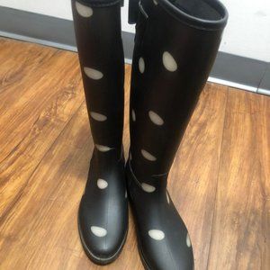 Dirty Laundry black and white polka dot rain boots